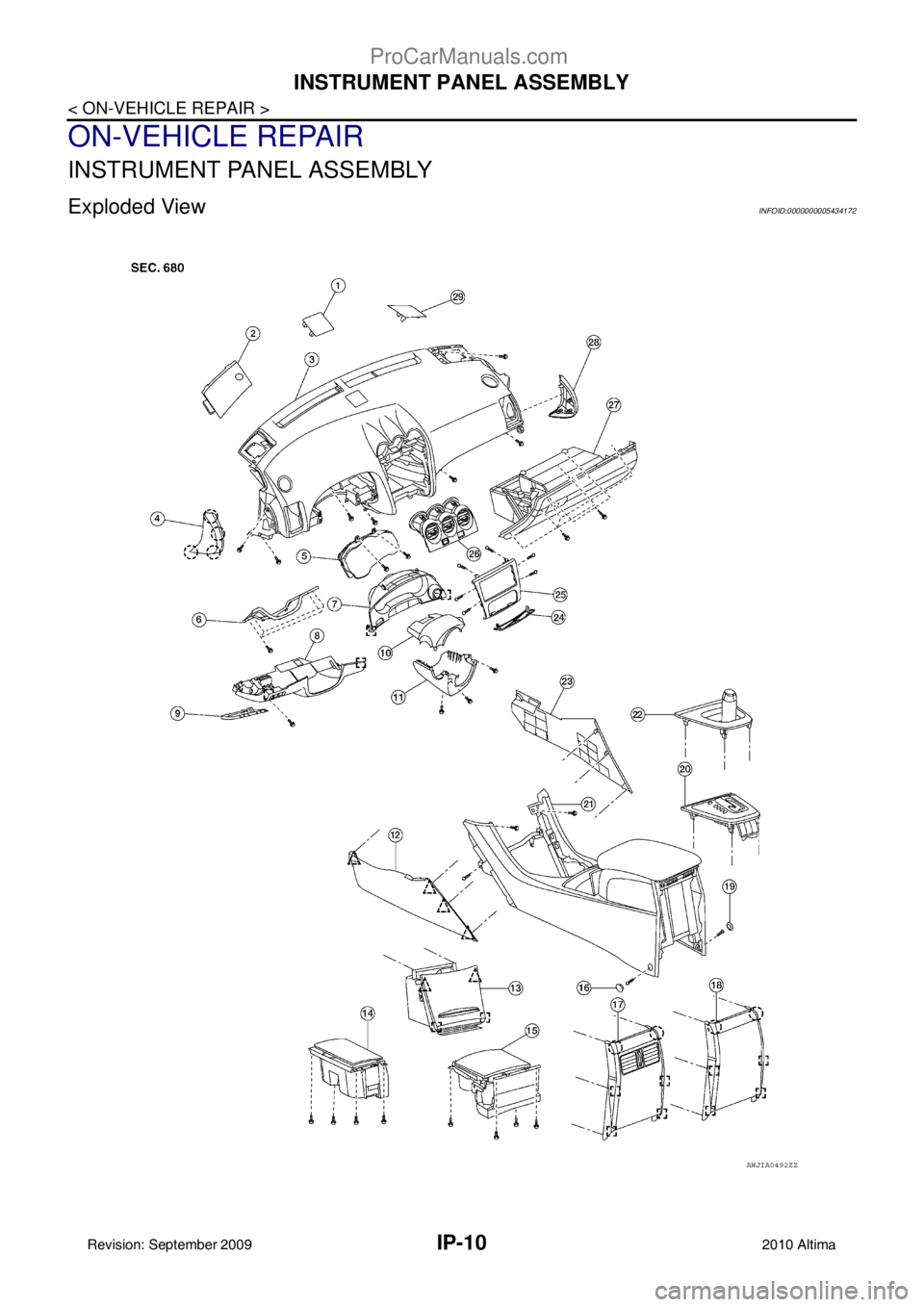 NISSAN ALTIMA SEDAN 2010  Owners Manual IP-10
< ON-VEHICLE REPAIR >
INSTRUMENT PANEL ASSEMBLY
ON-VEHICLE REPAIR
INSTRUMENT PANEL ASSEMBLY
Exploded ViewINFOID:0000000005434172
AWJIA0492ZZ
Revision: September 20092010 Altima
ProCarManuals.com