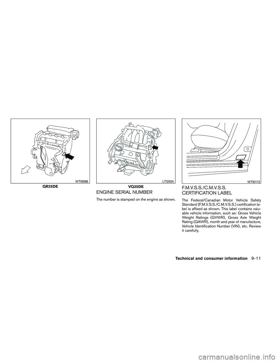 NISSAN ALTIMA SEDAN 2013  Owners Manual ENGINE SERIAL NUMBER
The number is stamped on the engine as shown.
F.M.V.S.S./C.M.V.S.S.
CERTIFICATION LABEL
The Federal/Canadian Motor Vehicle Safety
Standard (F.M.V.S.S./C.M.V.S.S.) certification la