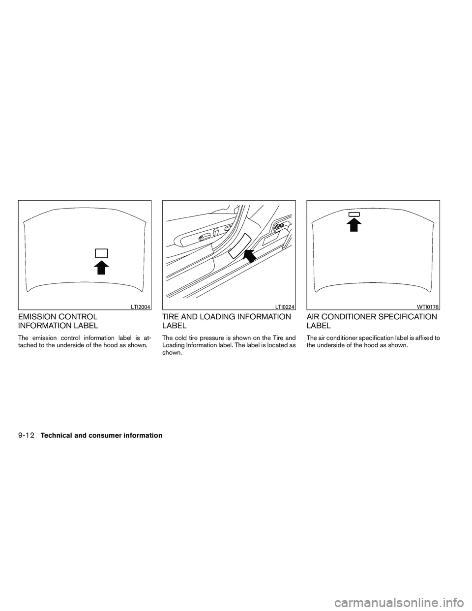 NISSAN ALTIMA SEDAN 2013  Owners Manual EMISSION CONTROL
INFORMATION LABEL
The emission control information label is at-
tached to the underside of the hood as shown.
TIRE AND LOADING INFORMATION
LABEL
The cold tire pressure is shown on the