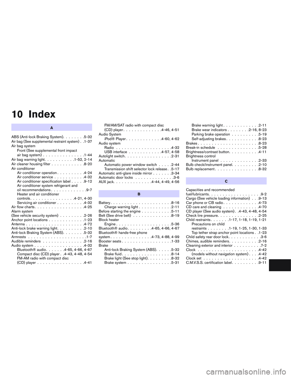 NISSAN ALTIMA SEDAN 2013 Owners Manual 10 Index
A
ABS (Anti-lock Braking System) ........5-32
Air bag (See supplemental restraint system). .1-37
Air bag system Front (See supplemental front impact
air bag system) ...............1-44
Airbag NISSAN ALTIMA SEDAN 2013 Owners Manual 10 Index
A
ABS (Anti-lock Braking System) ........5-32
Air bag (See supplemental restraint system). .1-37
Air bag system Front (See supplemental front impact
air bag system) ...............1-44
Airbag
