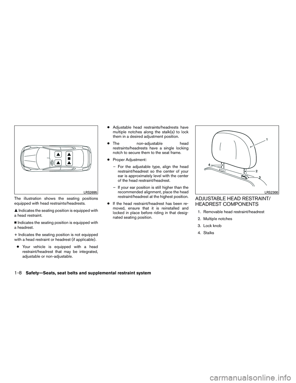 NISSAN ALTIMA SEDAN 2017 Owners Manual The illustration shows the seating positions
equipped with head restraints/headrests.
Indicates the seating position is equipped with
a head restraint.
Indicates the seating position is equipped wi NISSAN ALTIMA SEDAN 2017 Owners Manual The illustration shows the seating positions
equipped with head restraints/headrests.
Indicates the seating position is equipped with
a head restraint.
Indicates the seating position is equipped wi