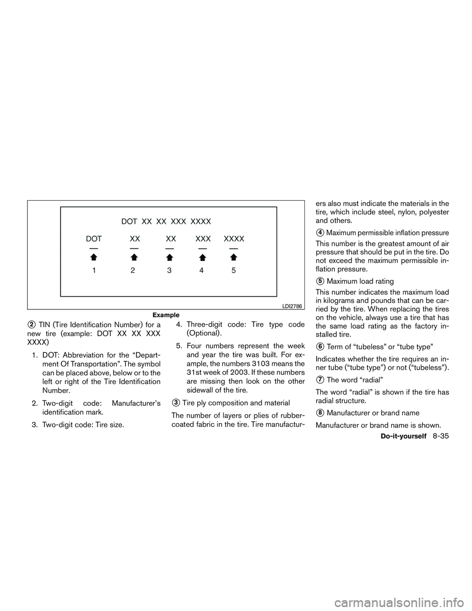 NISSAN ALTIMA SEDAN 2017 Owners Manual 2TIN (Tire Identification Number) for a
new tire (example: DOT XX XX XXX
XXXX)
1. DOT: Abbreviation for the “Depart- ment Of Transportation”. The symbol
can be placed above, below or to the
left NISSAN ALTIMA SEDAN 2017 Owners Manual 2TIN (Tire Identification Number) for a
new tire (example: DOT XX XX XXX
XXXX)
1. DOT: Abbreviation for the “Depart- ment Of Transportation”. The symbol
can be placed above, below or to the
left