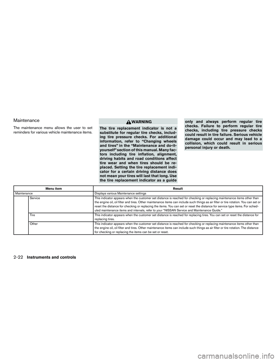 NISSAN ALTIMA SEDAN 2016  Owners Manual Maintenance
The maintenance menu allows the user to set
reminders for various vehicle maintenance items.
WARNING
The tire replacement indicator is not a
substitute for regular tire checks, includ-
ing