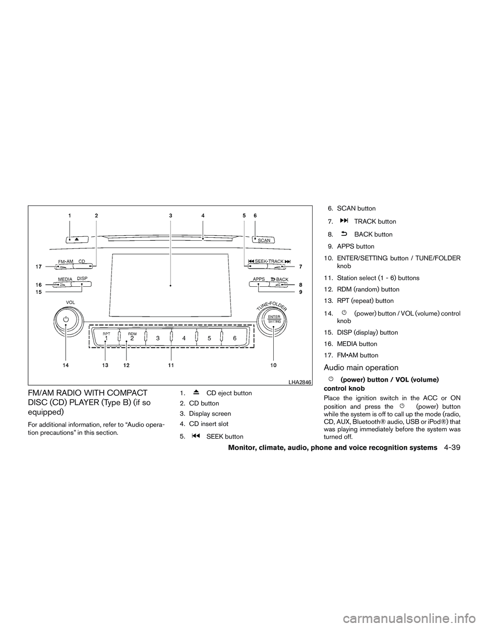 NISSAN ALTIMA SEDAN 2016  Owners Manual FM/AM RADIO WITH COMPACT
DISC (CD) PLAYER (Type B) (if so
equipped)
For additional information, refer to “Audio opera-
tion precautions” in this section.1.
CD eject button
2. CD button
3. Display 