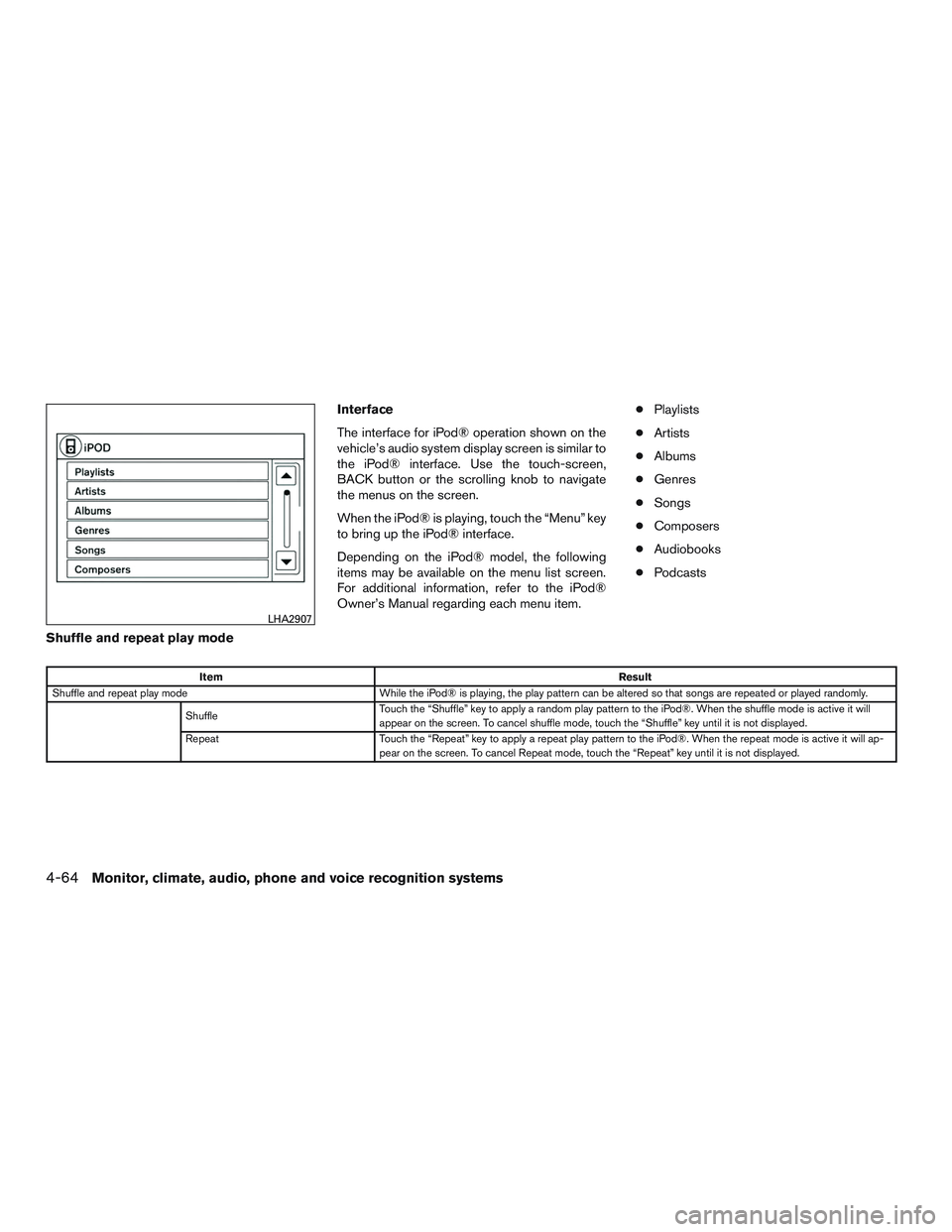 NISSAN ALTIMA SEDAN 2016  Owners Manual Interface
The interface for iPod® operation shown on the
vehicle’s audio system display screen is similar to
the iPod® interface. Use the touch-screen,
BACK button or the scrolling knob to navigat