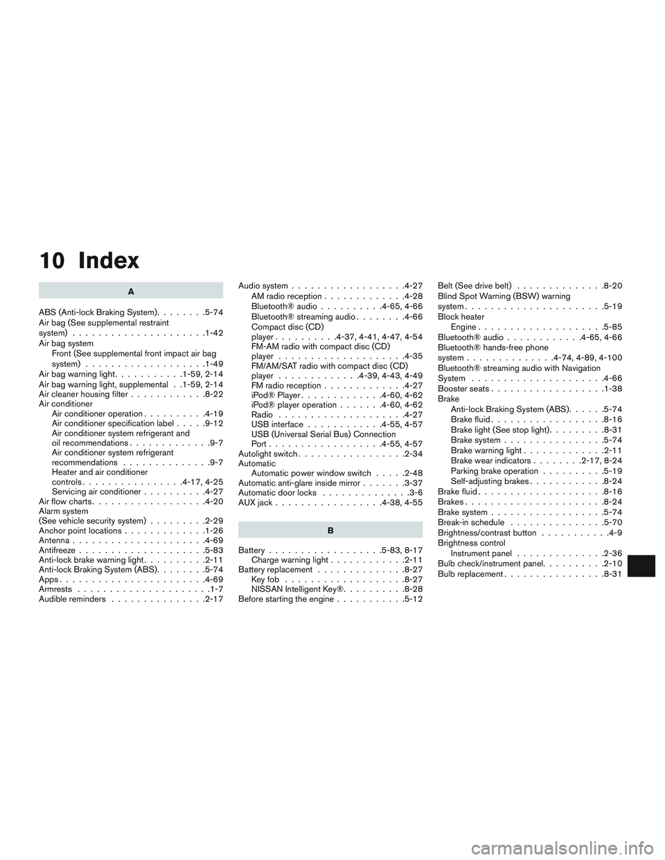 NISSAN ALTIMA SEDAN 2016  Owners Manual 10 Index
A
ABS (Anti-lock Braking System) ........5-74
Air bag (See supplemental restraint
system) .....................1-42
Air bag system Front (See supplemental front impact air bag
system) .......