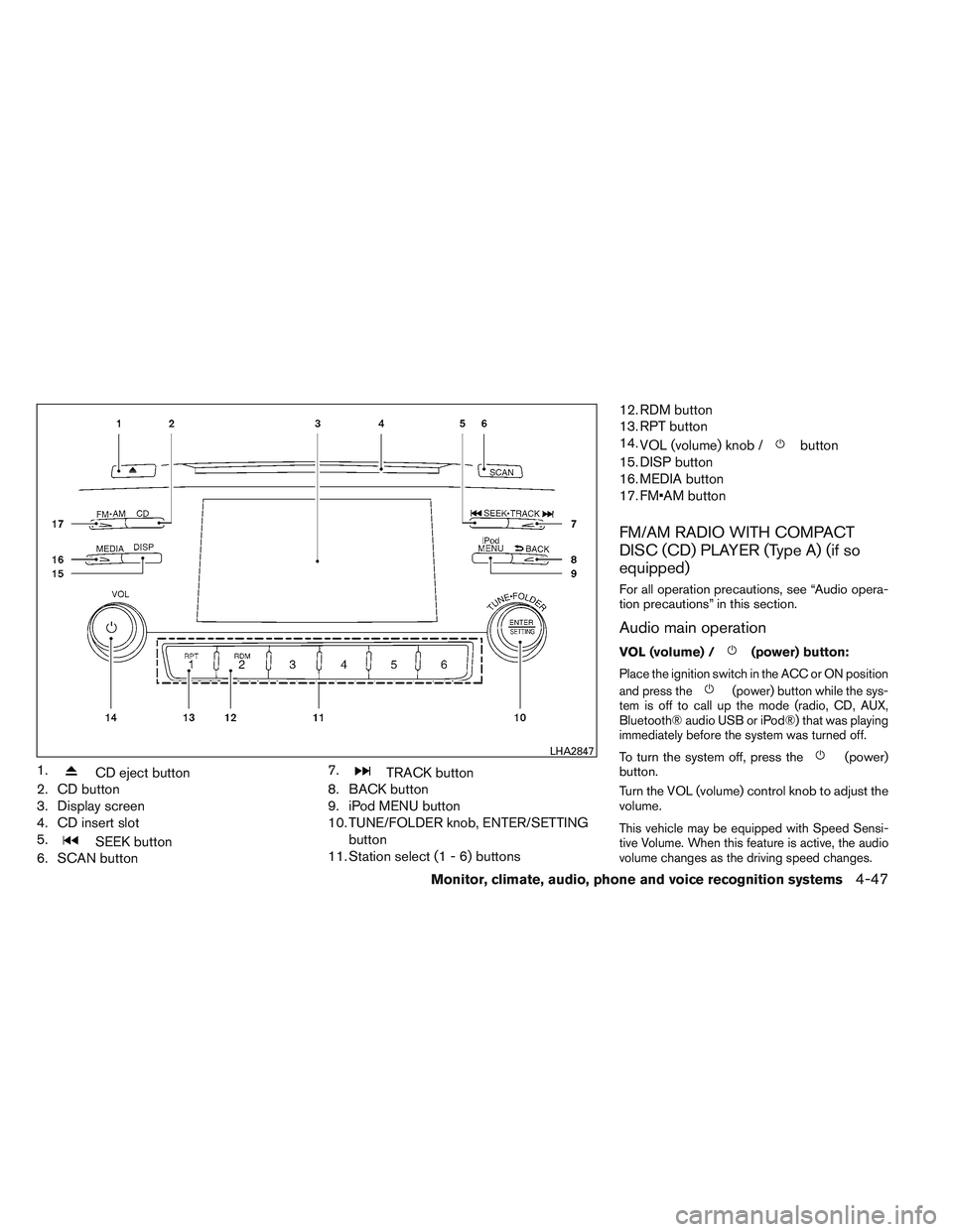 NISSAN ALTIMA SEDAN 2014 Owners Manual 1.CD eject button
2. CD button
3. Display screen
4. CD insert slot
5.
SEEK button
6. SCAN button 7.
TRACK button
8. BACK button
9. iPod MENU button
10. TUNE/FOLDER knob, ENTER/SETTING
button
11. Stati NISSAN ALTIMA SEDAN 2014 Owners Manual 1.CD eject button
2. CD button
3. Display screen
4. CD insert slot
5.
SEEK button
6. SCAN button 7.
TRACK button
8. BACK button
9. iPod MENU button
10. TUNE/FOLDER knob, ENTER/SETTING
button
11. Stati