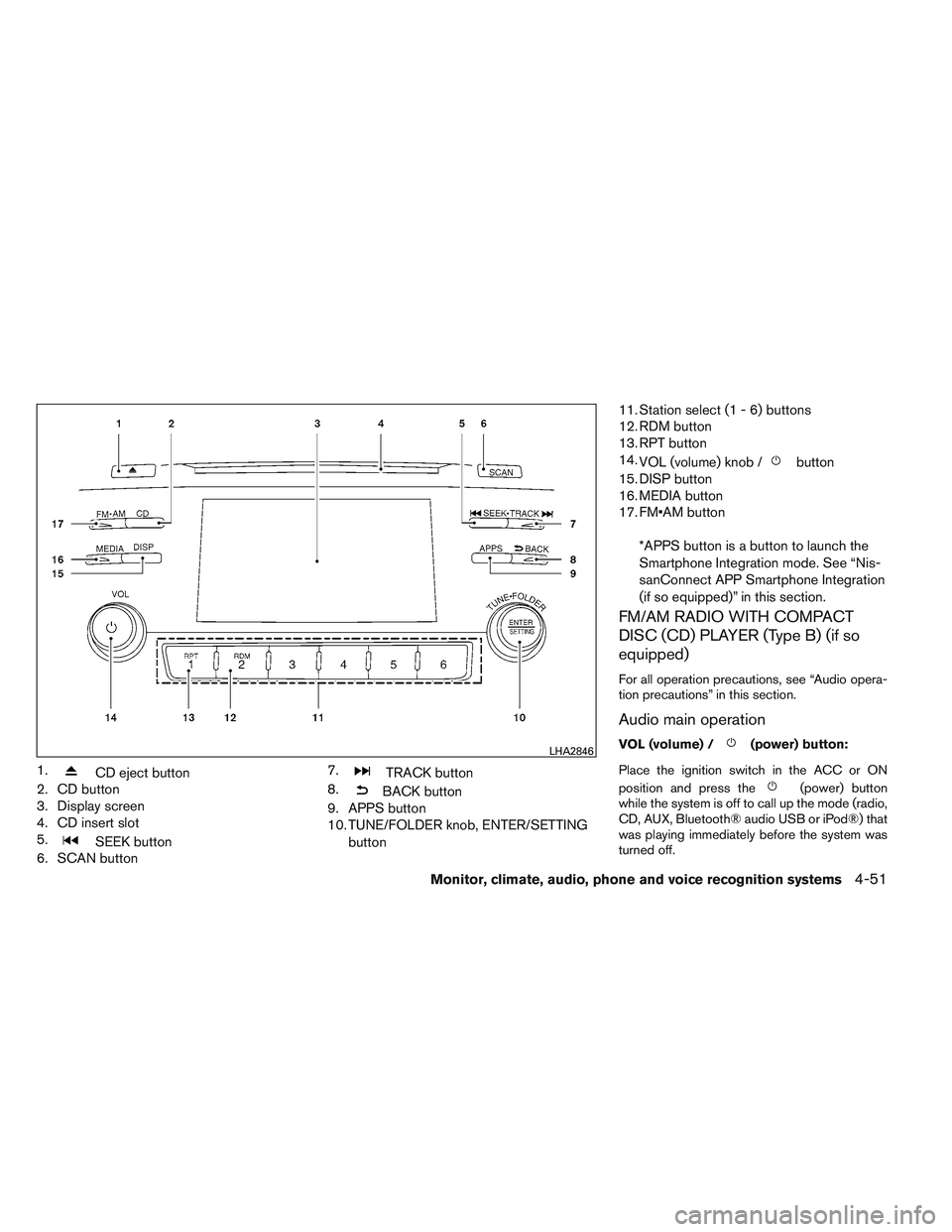 NISSAN ALTIMA SEDAN 2014 Owners Manual 1.CD eject button
2. CD button
3. Display screen
4. CD insert slot
5.
SEEK button
6. SCAN button 7.
TRACK button
8.
BACK button
9. APPS button
10. TUNE/FOLDER knob, ENTER/SETTING
button 11. Station se NISSAN ALTIMA SEDAN 2014 Owners Manual 1.CD eject button
2. CD button
3. Display screen
4. CD insert slot
5.
SEEK button
6. SCAN button 7.
TRACK button
8.
BACK button
9. APPS button
10. TUNE/FOLDER knob, ENTER/SETTING
button 11. Station se