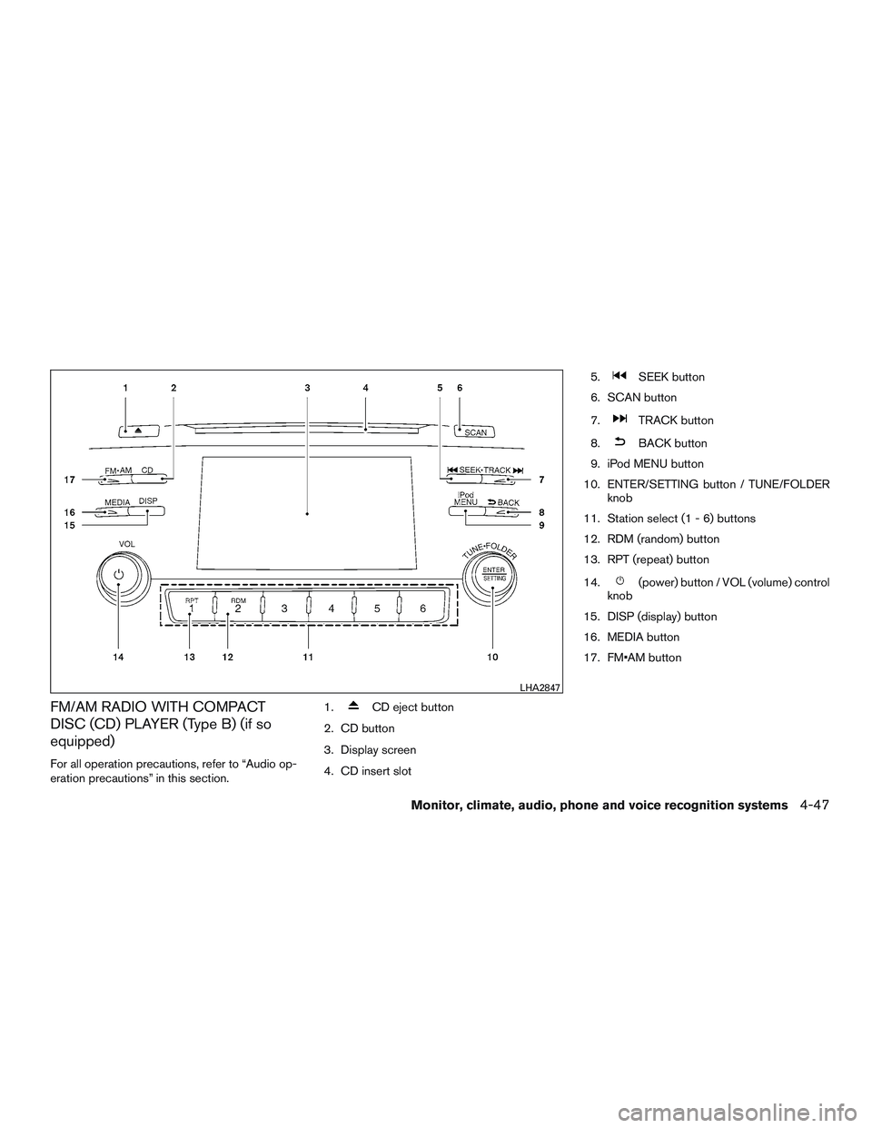 NISSAN ALTIMA SEDAN 2015  Owners Manual FM/AM RADIO WITH COMPACT
DISC (CD) PLAYER (Type B) (if so
equipped)
For all operation precautions, refer to “Audio op-
eration precautions” in this section.1.
CD eject button
2. CD button
3. Displ