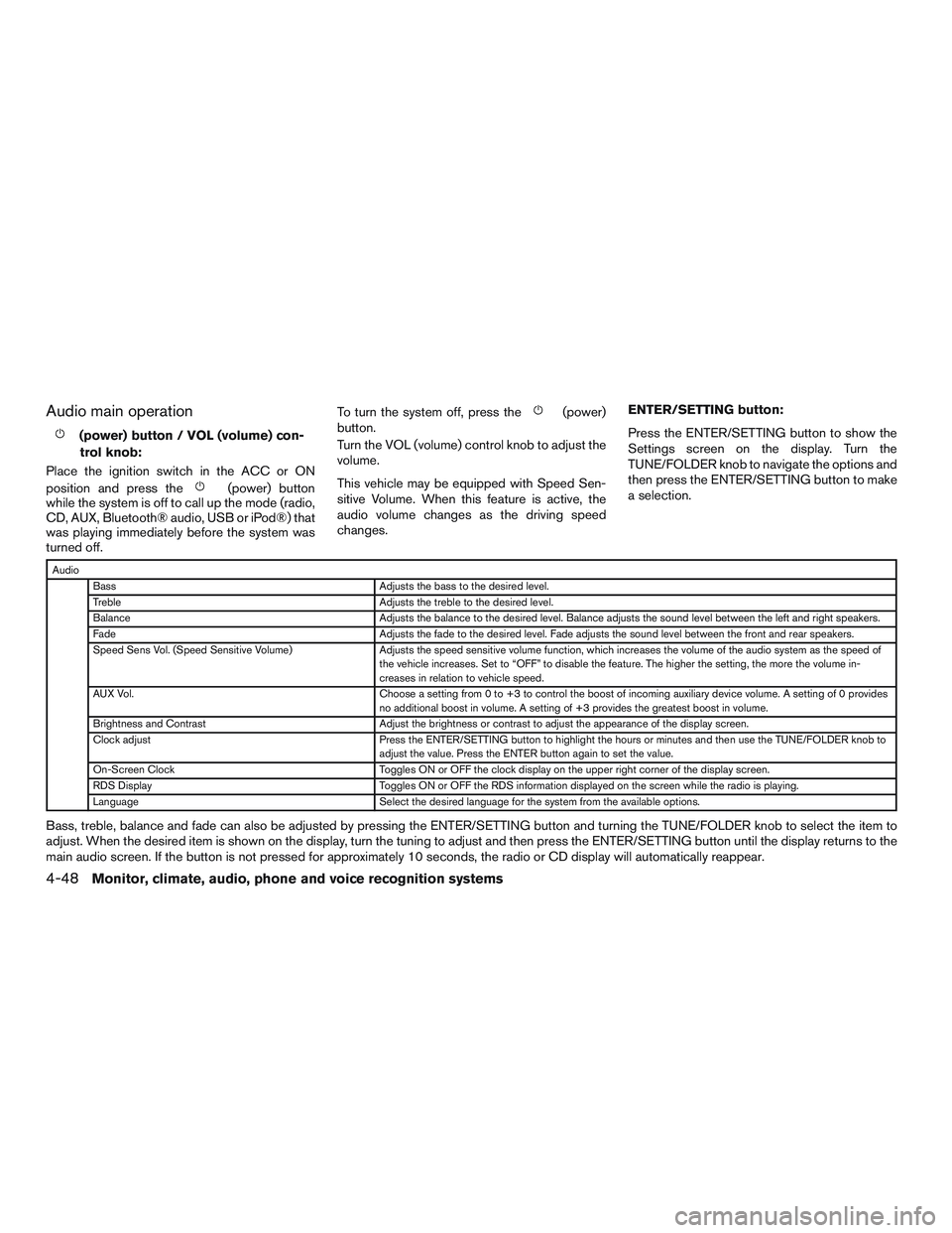 NISSAN ALTIMA SEDAN 2015  Owners Manual Audio main operation
(power) button / VOL (volume) con-trol knob:
Place the ignition switch in the ACC or ON
position and press the
(power) button
while the system is off to call up the mode (radio,
C