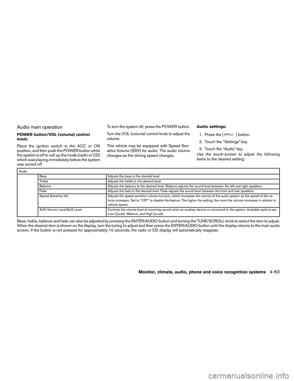 NISSAN ALTIMA SEDAN 2015  Owners Manual Audio main operation
POWER button/VOL (volume) control
knob:
Place the ignition switch in the ACC or ON
position, and then push the POWER button while
the system is off to call up the mode (radio or C