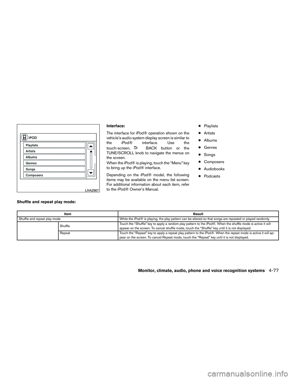 NISSAN ALTIMA SEDAN 2015  Owners Manual Interface:
The interface for iPod® operation shown on the
vehicle’s audio system display screen is similar to
the iPod® interface. Use the
touch-screen,
BACK button or the
TUNE/SCROLL knob to navi
