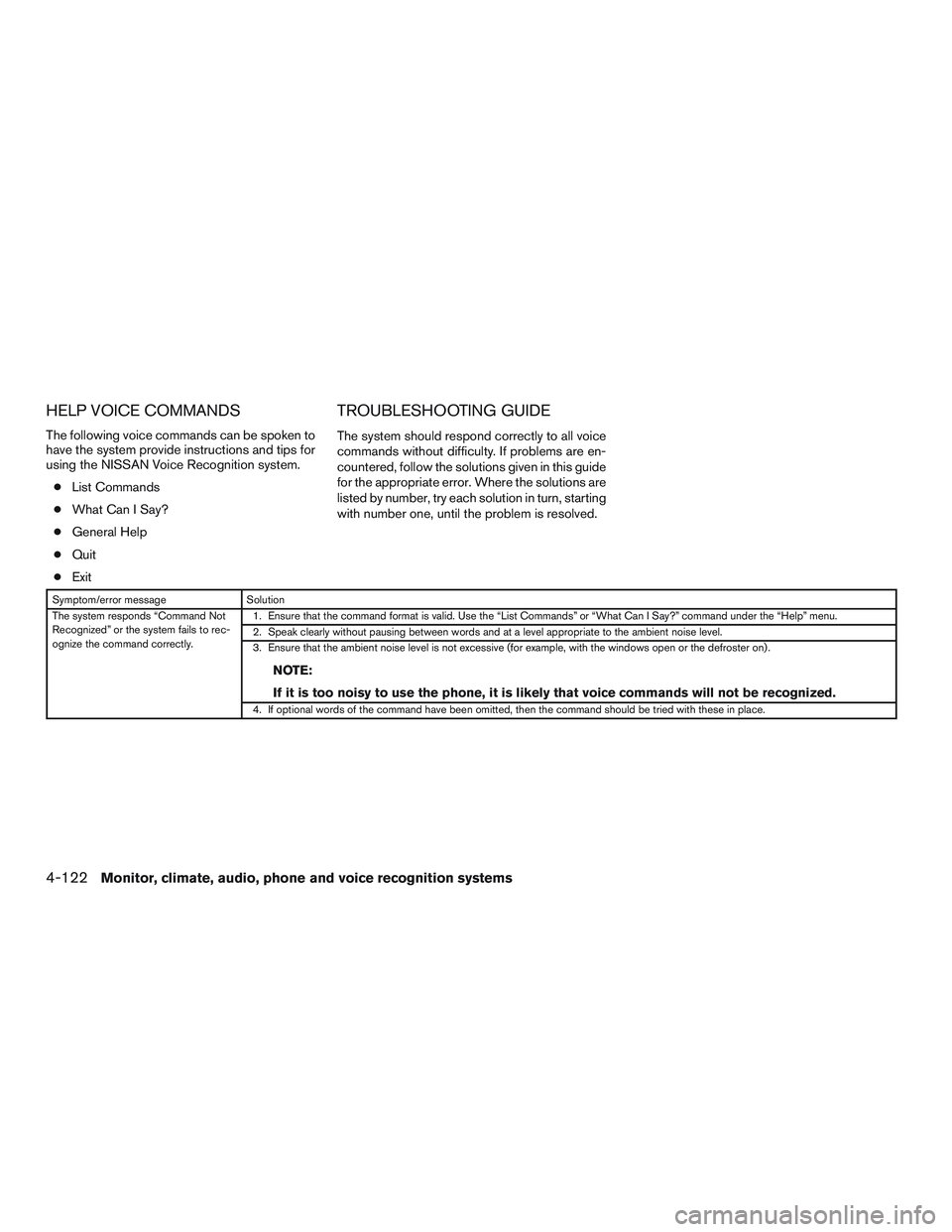 NISSAN ALTIMA SEDAN 2015  Owners Manual HELP VOICE COMMANDS
The following voice commands can be spoken to
have the system provide instructions and tips for
using the NISSAN Voice Recognition system.● List Commands
● What Can I Say?
● 