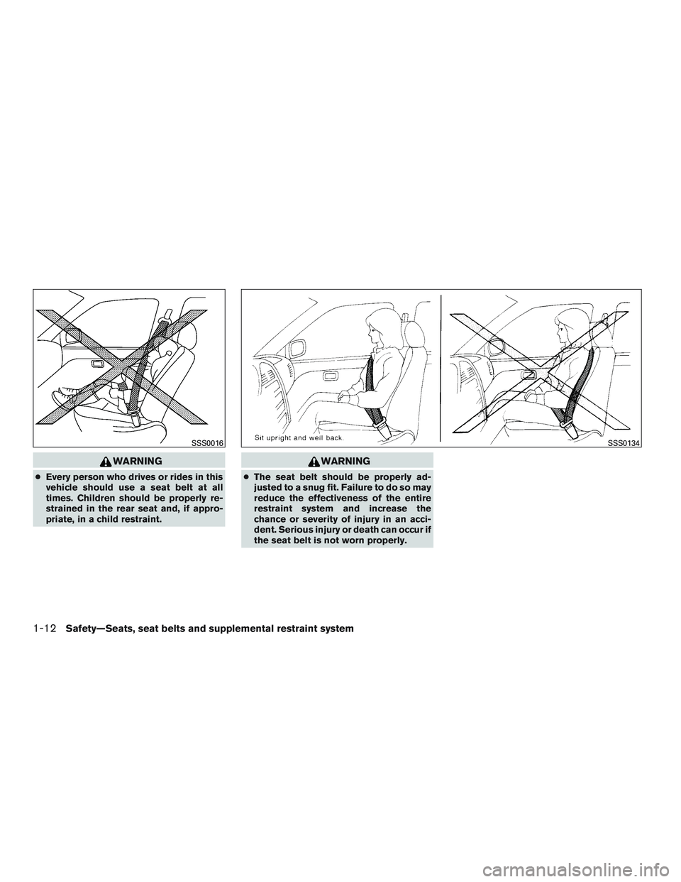 NISSAN ALTIMA SEDAN 2015  Owners Manual WARNING
●Every person who drives or rides in this
vehicle should use a seat belt at all
times. Children should be properly re-
strained in the rear seat and, if appro-
priate, in a child restraint.
