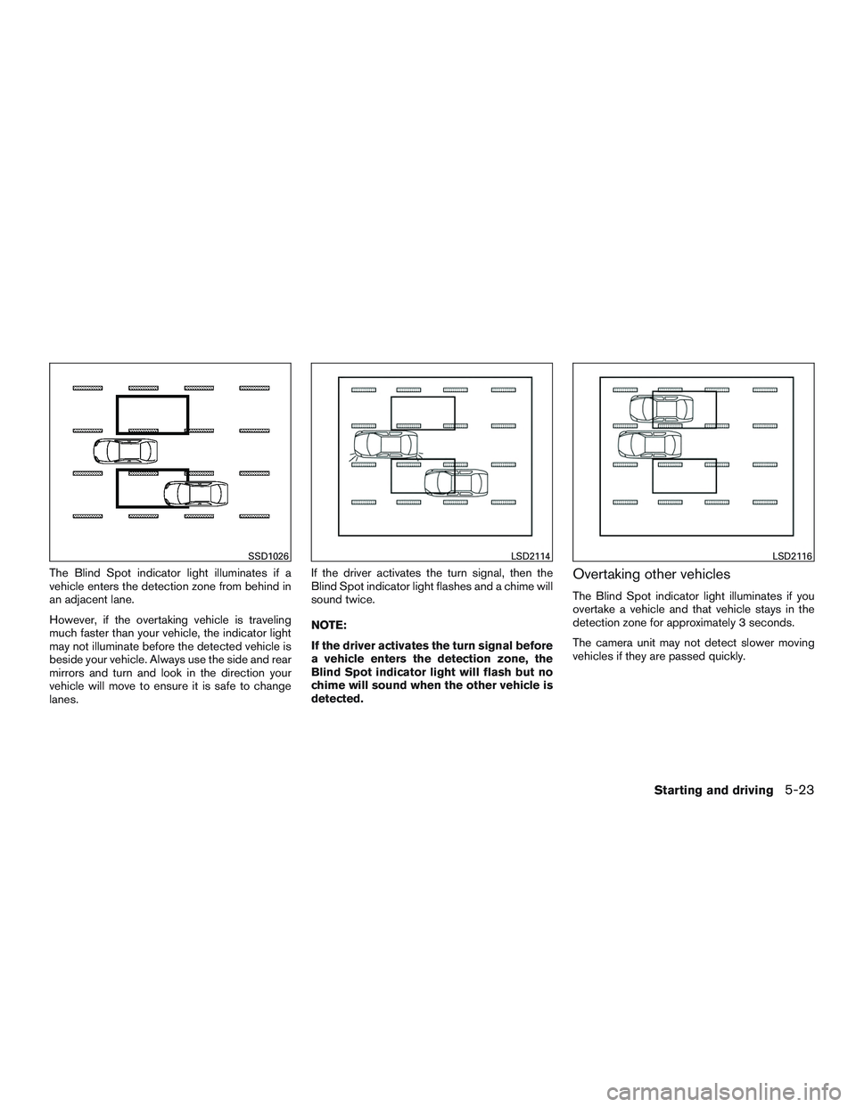 NISSAN ALTIMA SEDAN 2015  Owners Manual The Blind Spot indicator light illuminates if a
vehicle enters the detection zone from behind in
an adjacent lane.
However, if the overtaking vehicle is traveling
much faster than your vehicle, the in