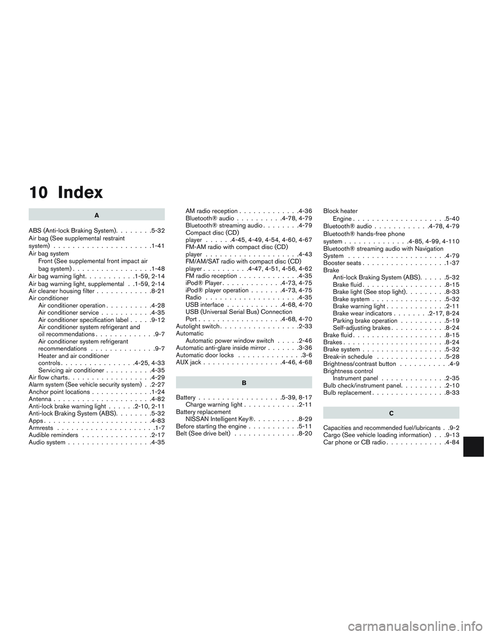 NISSAN ALTIMA SEDAN 2015  Owners Manual 10 Index
A
ABS (Anti-lock Braking System) ........5-32
Air bag (See supplemental restraint
system) .....................1-41
Air bag system Front (See supplemental front impact air
bag system) .......