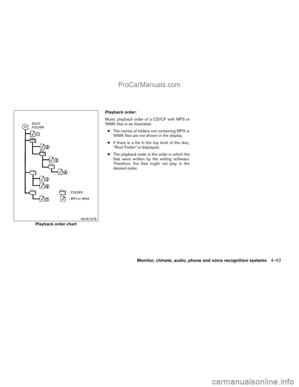 NISSAN ARMADA 2009  Owners Manual Playback order:
Music playback order of a CD/CF with MP3 or
WMA files is as illustrated.
cThe names of folders not containing MP3 or
WMA files are not shown in the display.
cIf there is a file in the 