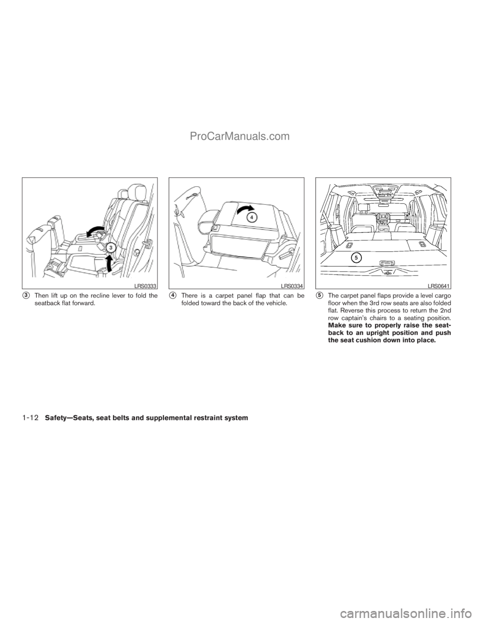NISSAN ARMADA 2009  Owners Manual s3Then lift up on the recline lever to fold the
seatback flat forward.s4There is a carpet panel flap that can be
folded toward the back of the vehicle.s5The carpet panel flaps provide a level cargo
fl