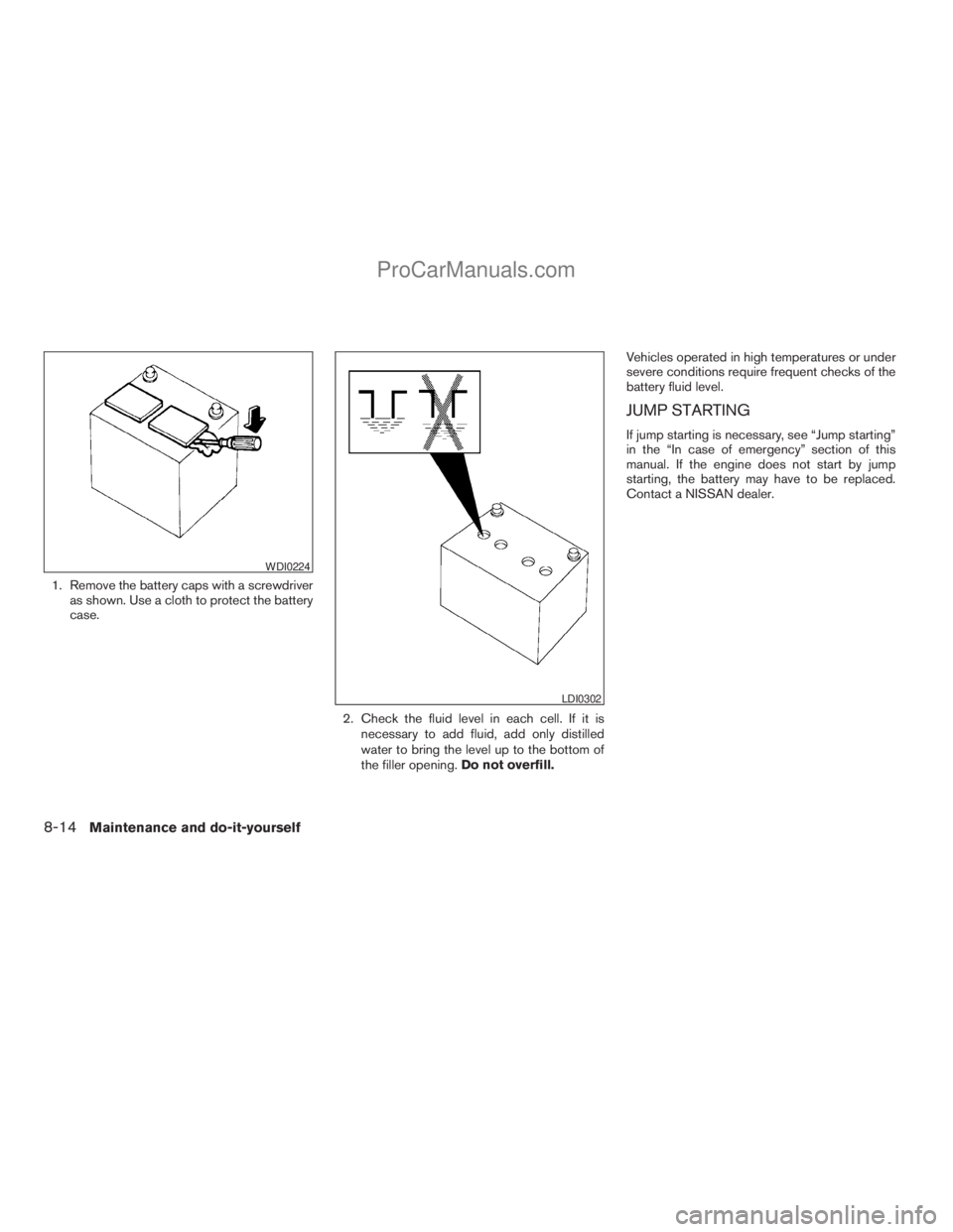 NISSAN ARMADA 2009  Owners Manual 1. Remove the battery caps with a screwdriver
as shown. Use a cloth to protect the battery
case.
2. Check the fluid level in each cell. If it is
necessary to add fluid, add only distilled
water to bri
