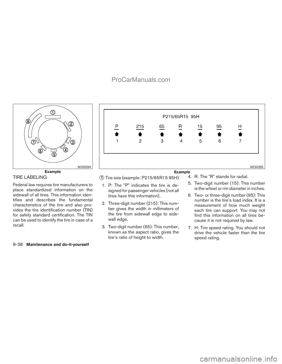 NISSAN ARMADA 2009  Owners Manual TIRE LABELING
Federal law requires tire manufacturers to
place standardized information on the
sidewall of all tires. This information iden-
tifies and describes the fundamental
characteristics of the