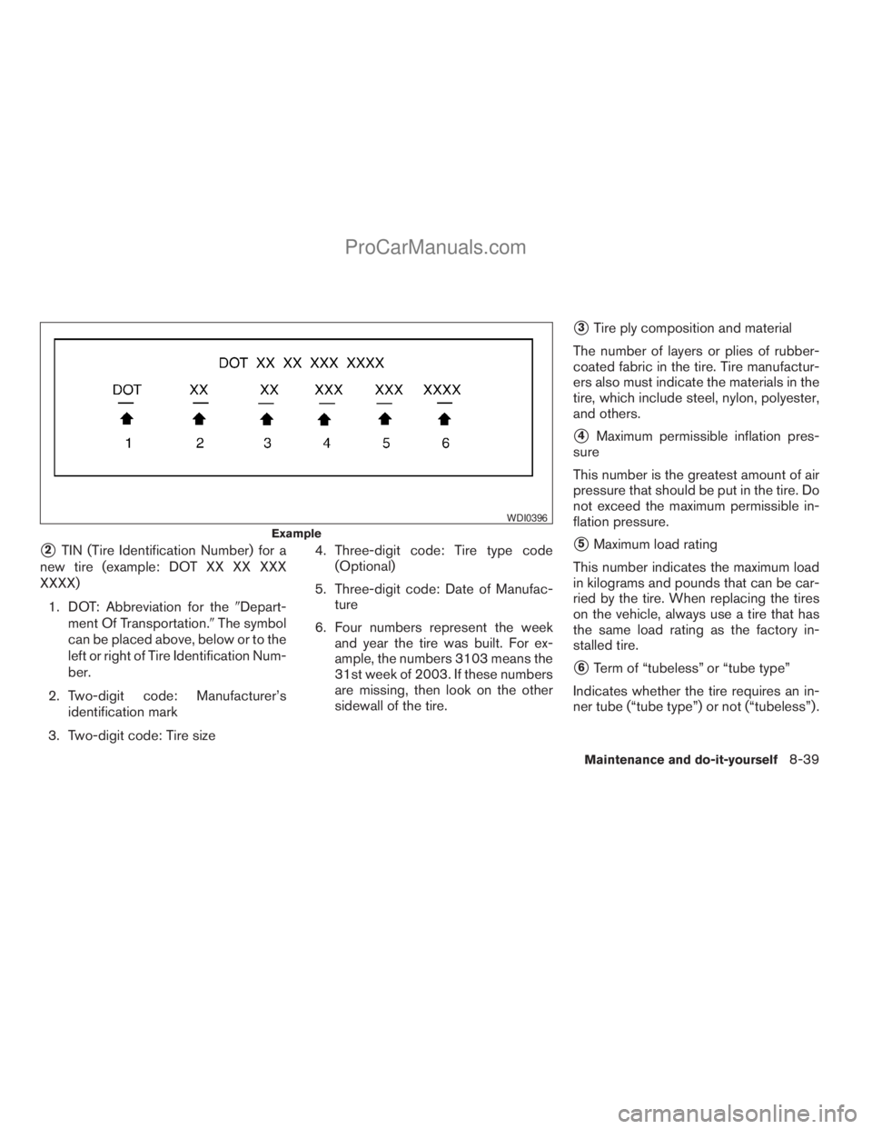 NISSAN ARMADA 2009  Owners Manual s2TIN (Tire Identification Number) for a
new tire (example: DOT XX XX XXX
XXXX)
1. DOT: Abbreviation for the9Depart-
ment Of Transportation.9The symbol
can be placed above, below or to the
left or rig