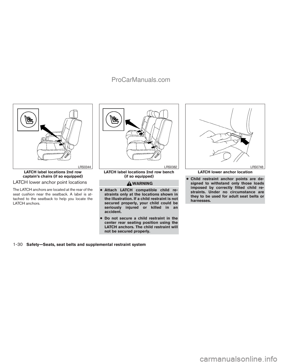 NISSAN ARMADA 2009  Owners Manual LATCH lower anchor point locations
The LATCH anchors are located at the rear of the
seat cushion near the seatback. A label is at-
tached to the seatback to help you locate the
LATCH anchors.
WARNING

