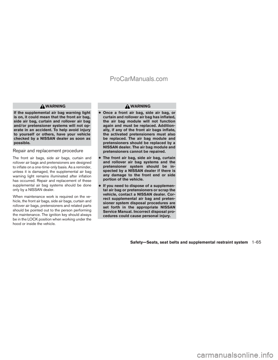 NISSAN ARMADA 2009  Owners Manual WARNING
If the supplemental air bag warning light
is on, it could mean that the front air bag,
side air bag, curtain and rollover air bag
and/or pretensioner systems will not op-
erate in an accident.