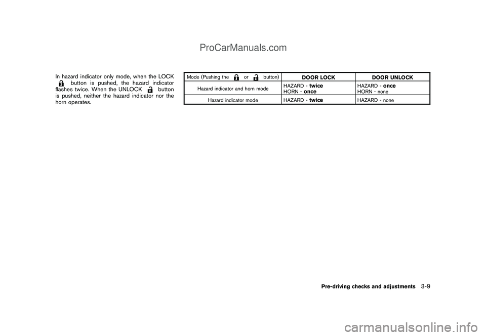 NISSAN CUBE 2009  Owners Manual Black plate (121,1)
Model "Z12-D" EDITED: 2009/ 1/ 28
In hazard indicator only mode, when the LOCK
button is pushed, the hazard indicator
flashes twice. When the UNLOCK
button
is pushed, neither the h