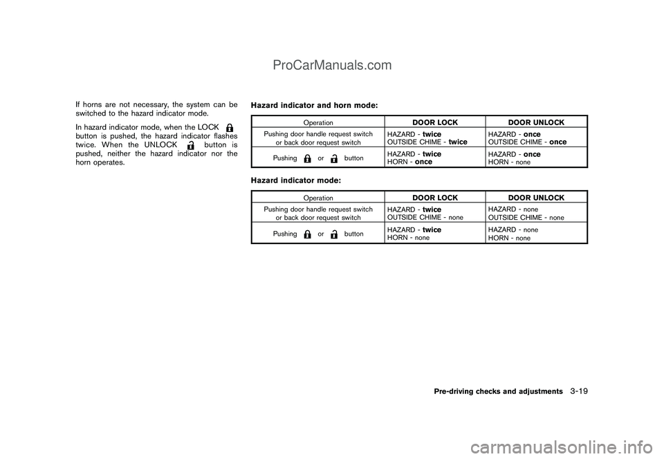 NISSAN CUBE 2009  Owners Manual Black plate (131,1)
Model "Z12-D" EDITED: 2009/ 1/ 28
If horns are not necessary, the system can be
switched to the hazard indicator mode.
In hazard indicator mode, when the LOCKbutton is pushed, the 