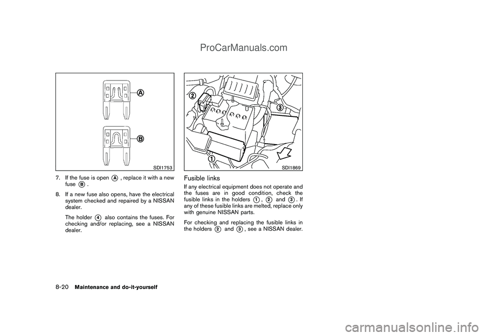 NISSAN CUBE 2009  Owners Manual Black plate (268,1)
Model "Z12-D" EDITED: 2009/ 1/ 28
SDI1753
7. If the fuse is open
*A
, replace it with a new
fuse
*B.
8. If a new fuse also opens, have the electrical
system checked and repaired by