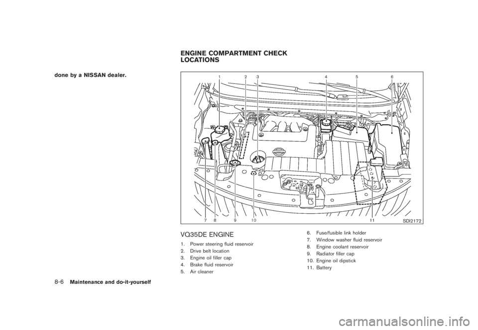 NISSAN MURANO 2008  Owners Manual Black plate (372,1)
Model "Z51-D" EDITED: 2008/ 6/ 26
done by a NISSAN dealer.
SDI2172
VQ35DE ENGINE1. Power steering fluid reservoir
2. Drive belt location
3. Engine oil filler cap
4. Brake fluid res