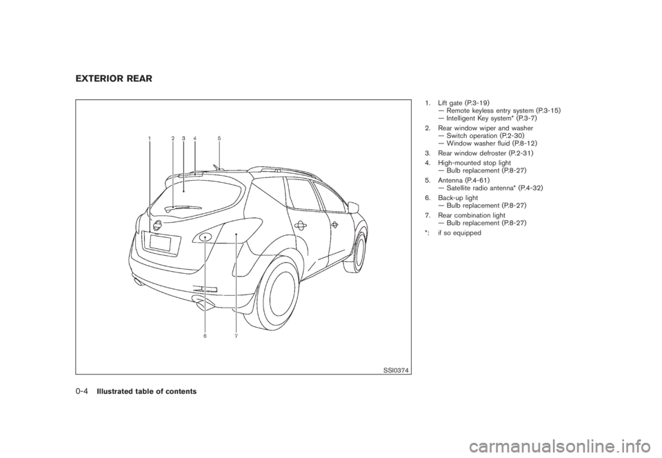 NISSAN MURANO 2008  Owners Manual Black plate (6,1)
Model "Z51-D" EDITED: 2008/ 6/ 26
SSI0374
1. Lift gate (P.3-19)
— Remote keyless entry system (P.3-15)
— Intelligent Key system* (P.3-7)
2. Rear window wiper and washer
— Switc