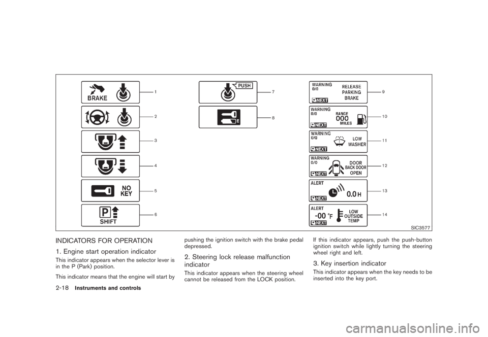 NISSAN MURANO 2008  Owners Manual Black plate (86,1)
Model "Z51-D" EDITED: 2008/ 6/ 26
SIC3577
INDICATORS FOR OPERATION
1. Engine start operation indicatorThis indicator appears when the selector lever is
in the P (Park) position.
Thi