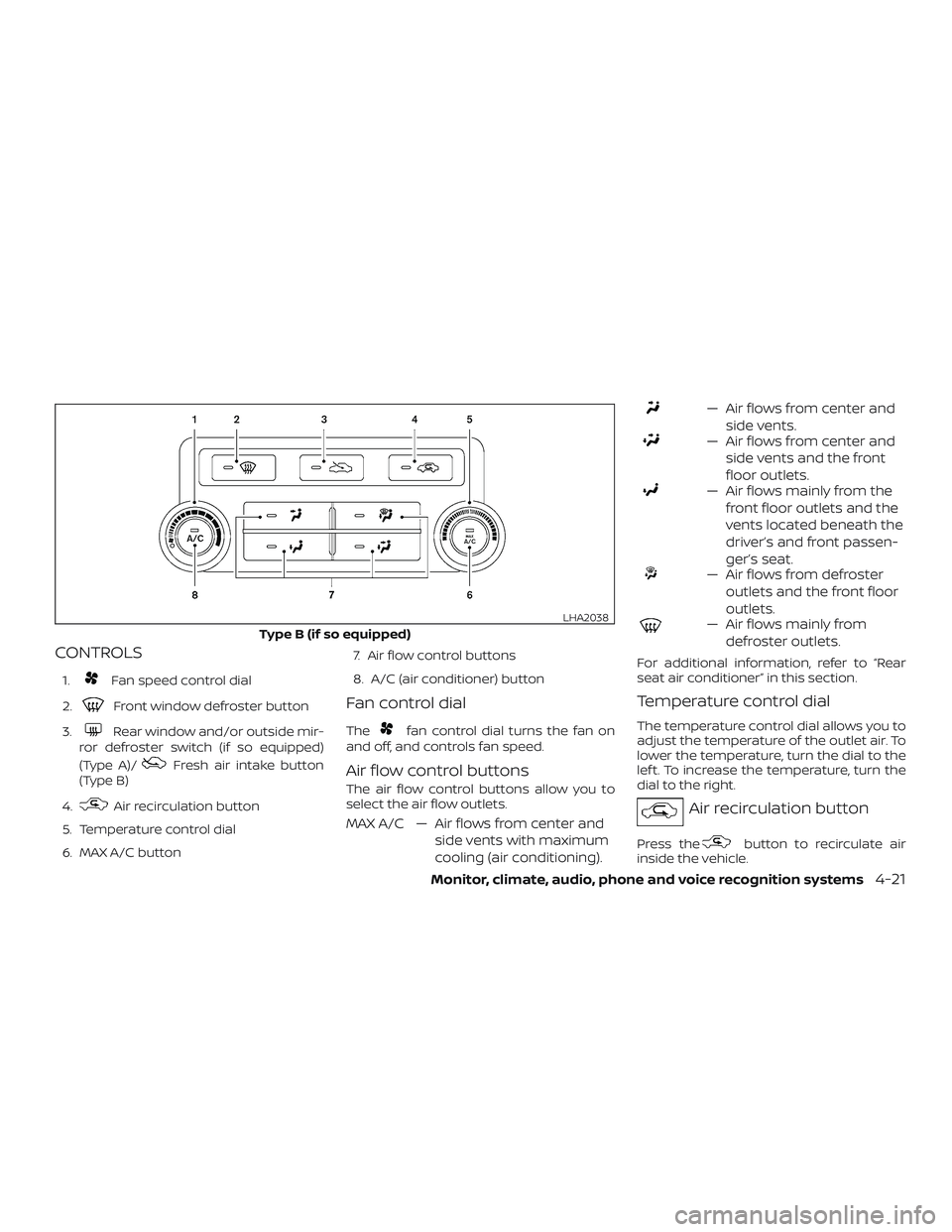 NISSAN NV PASSENGER VAN 2018  Owners Manual CONTROLS
1.Fan speed control dial
2.
Front window defroster button
3.
Rear window and/or outside mir-
ror defroster switch (if so equipped)
(Type A)/
Fresh air intake button
(Type B)
4.
Air recirculat