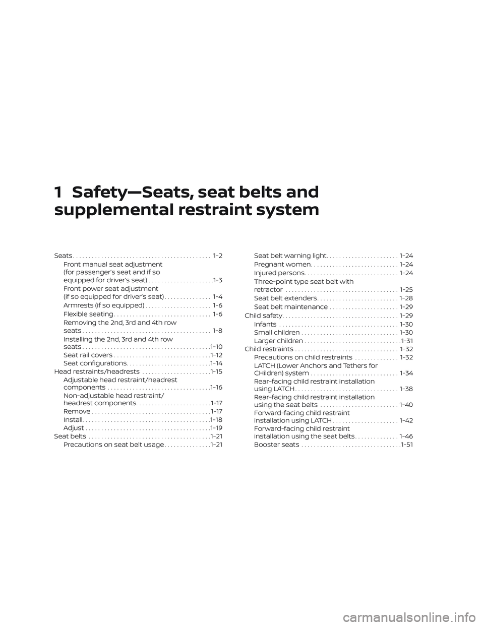 NISSAN NV PASSENGER VAN 2018  Owners Manual 1 Safety—Seats, seat belts and
supplemental restraint system
Seats............................................ 1-2Front manual seat adjustment
(for passenger’s seat and if so
equipped for driver