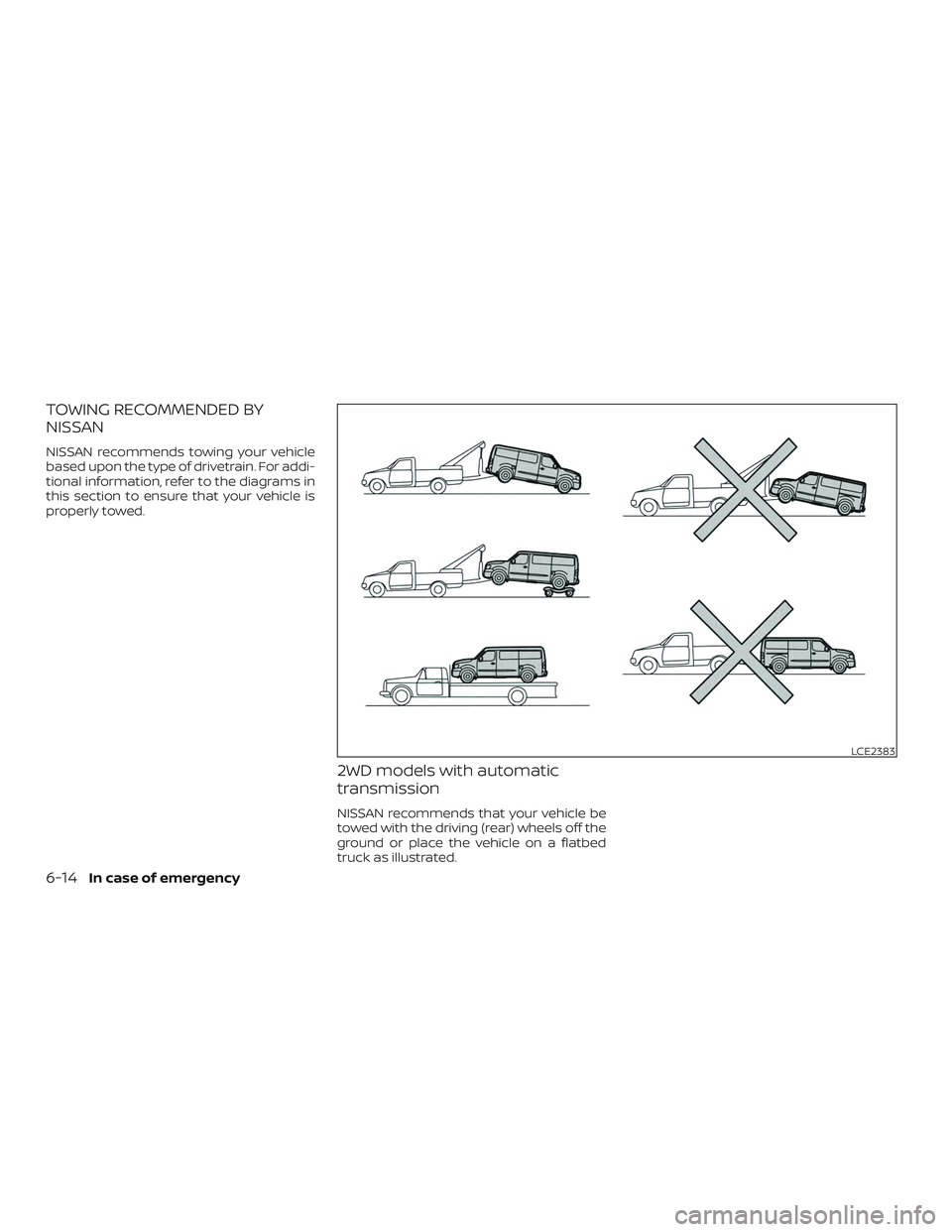 NISSAN NV PASSENGER VAN 2018  Owners Manual TOWING RECOMMENDED BY
NISSAN
NISSAN recommends towing your vehicle
based upon the type of drivetrain. For addi-
tional information, refer to the diagrams in
this section to ensure that your vehicle is
