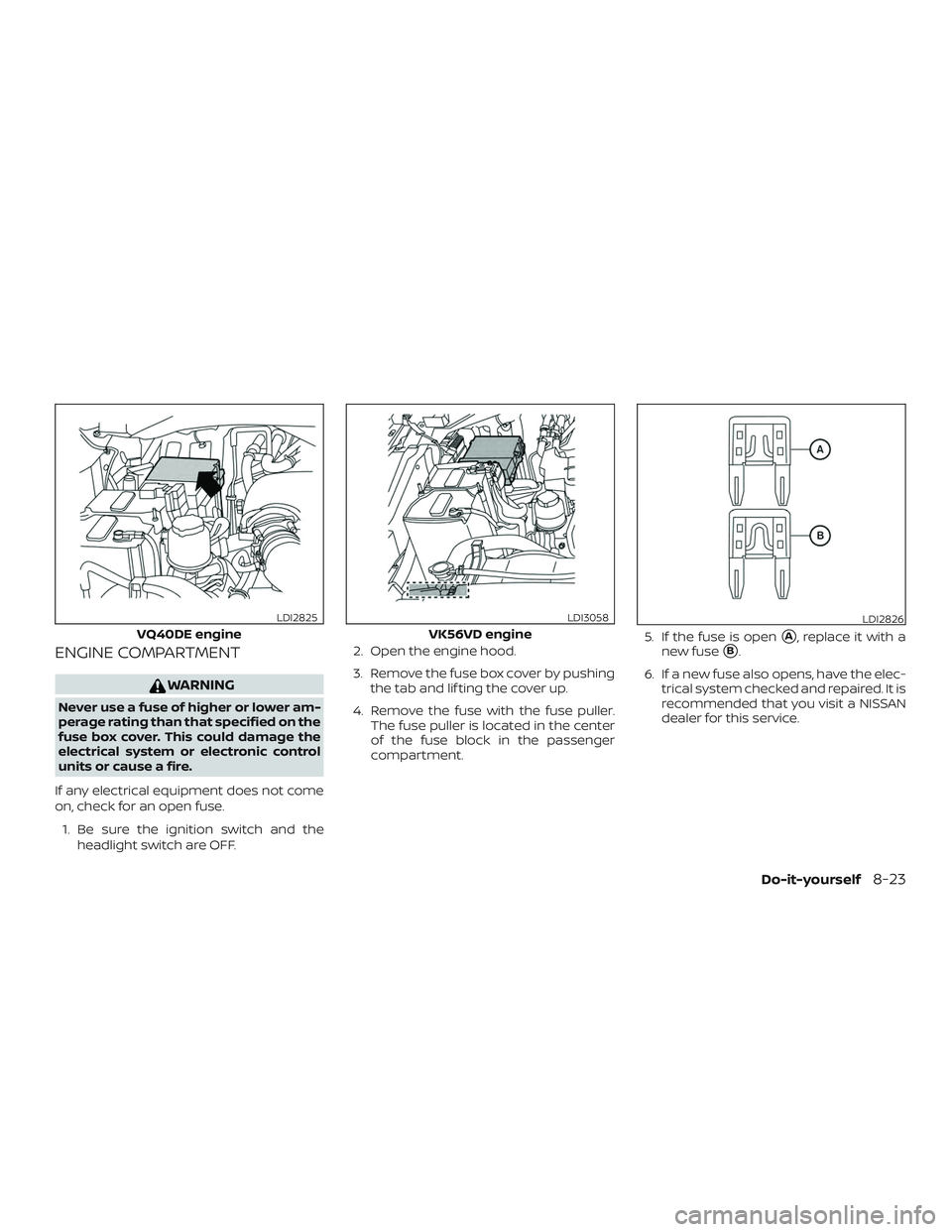NISSAN NV PASSENGER VAN 2018  Owners Manual ENGINE COMPARTMENT
WARNING
Never use a fuse of higher or lower am-
perage rating than that specified on the
fuse box cover. This could damage the
electrical system or electronic control
units or cause