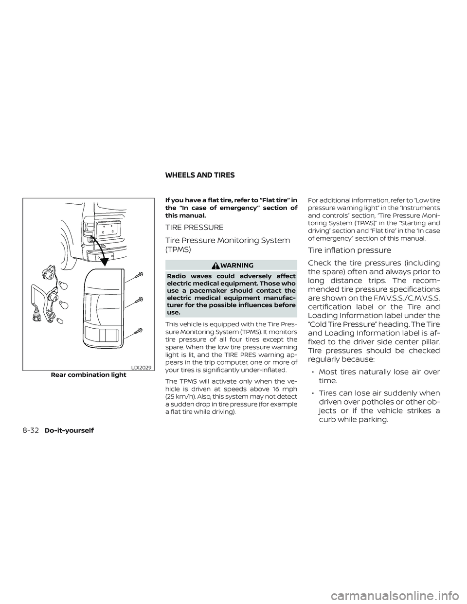 NISSAN NV PASSENGER VAN 2018  Owners Manual If you have a flat tire, refer to “Flat tire” in
the “In case of emergency ” section of
this manual.
TIRE PRESSURE
Tire Pressure Monitoring System
(TPMS)
WARNING
Radio waves could adversely af