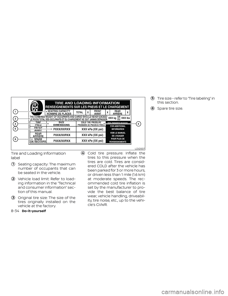 NISSAN NV PASSENGER VAN 2018  Owners Manual Tire and Loading Information
label
1Seating capacity: The maximum
number of occupants that can
be seated in the vehicle.
2Vehicle load limit: Refer to load-
ing information in the “Technical
and c
