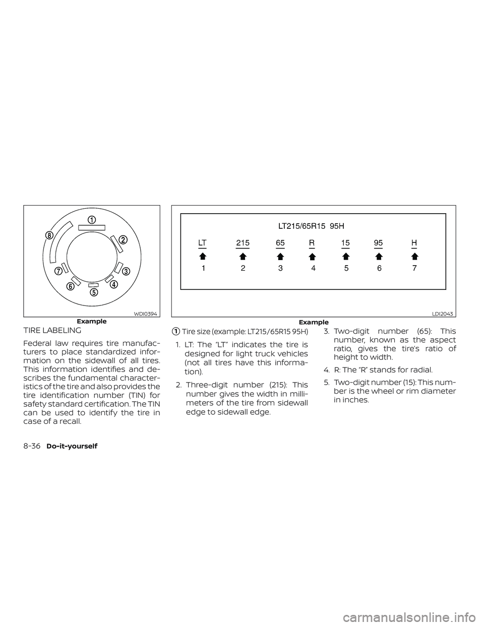 NISSAN NV PASSENGER VAN 2018  Owners Manual TIRE LABELING
Federal law requires tire manufac-
turers to place standardized infor-
mation on the sidewall of all tires.
This information identifies and de-
scribes the fundamental character-
istics 