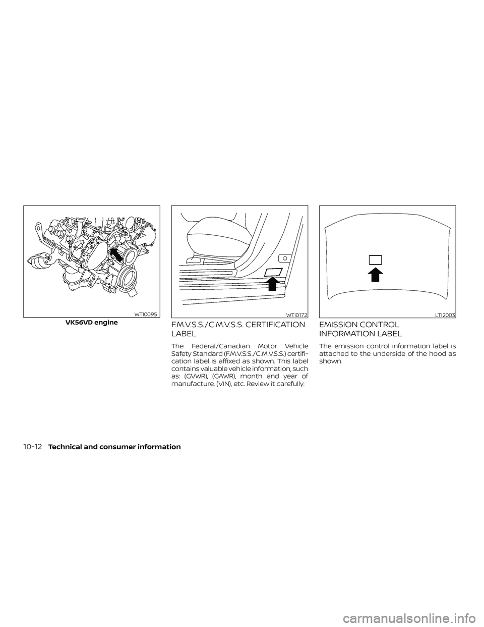 NISSAN NV PASSENGER VAN 2018  Owners Manual F.M.V.S.S./C.M.V.S.S. CERTIFICATION
LABEL
The Federal/Canadian Motor Vehicle
Safety Standard (F.M.V.S.S./C.M.V.S.S.) certifi-
cation label is affixed as shown. This label
contains valuable vehicle inf