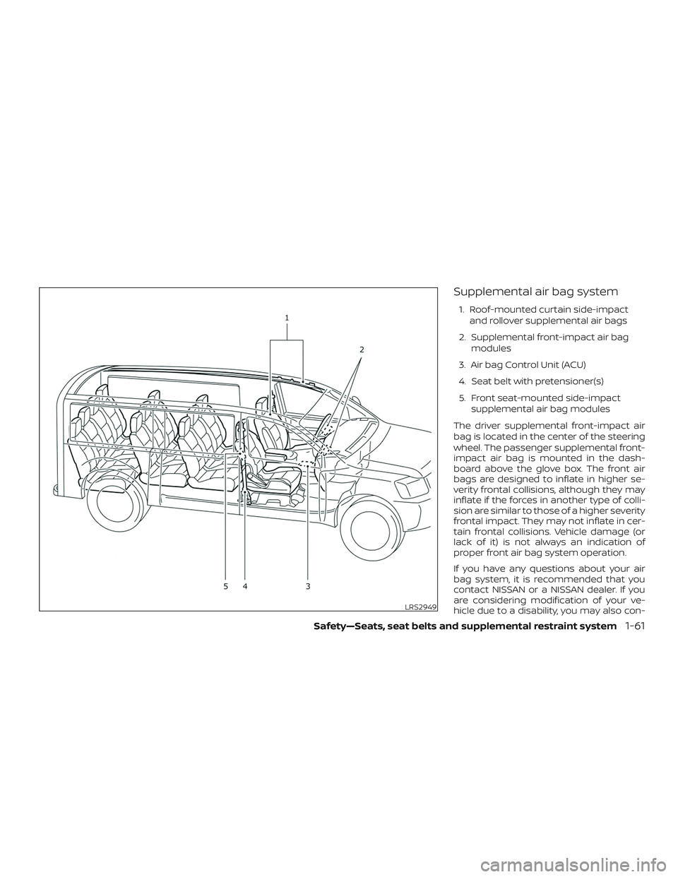 NISSAN NV PASSENGER VAN 2018  Owners Manual Supplemental air bag system
1. Roof-mounted curtain side-impactand rollover supplemental air bags
2. Supplemental front-impact air bag modules
3. Air bag Control Unit (ACU)
4. Seat belt with pretensio