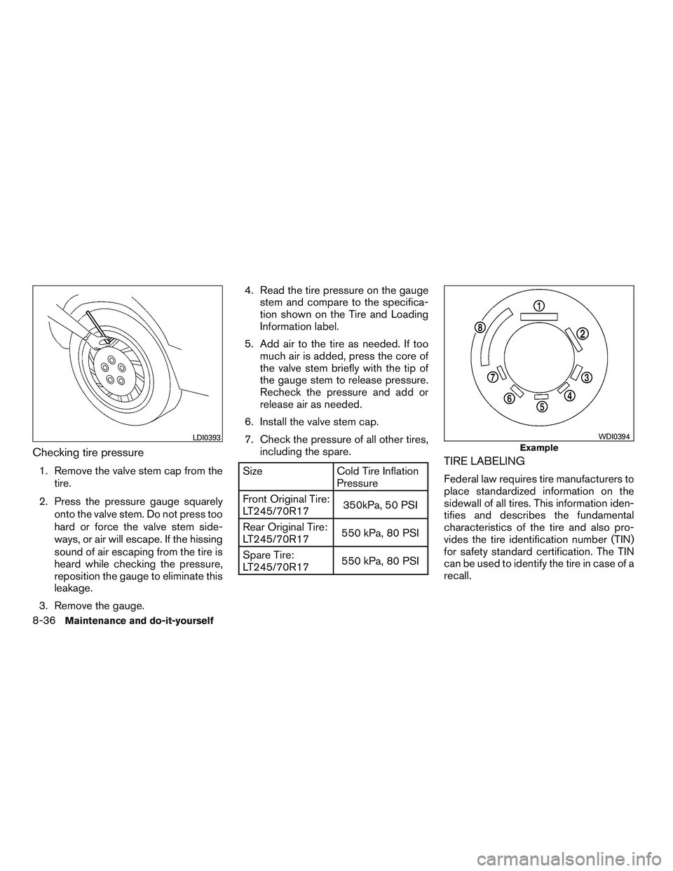 NISSAN NV PASSENGER VAN 2016 Owners Manual Checking tire pressure
1. Remove the valve stem cap from thetire.
2. Press the pressure gauge squarely onto the valve stem. Do not press too
hard or force the valve stem side-
ways, or air will escape NISSAN NV PASSENGER VAN 2016 Owners Manual Checking tire pressure
1. Remove the valve stem cap from thetire.
2. Press the pressure gauge squarely onto the valve stem. Do not press too
hard or force the valve stem side-
ways, or air will escape