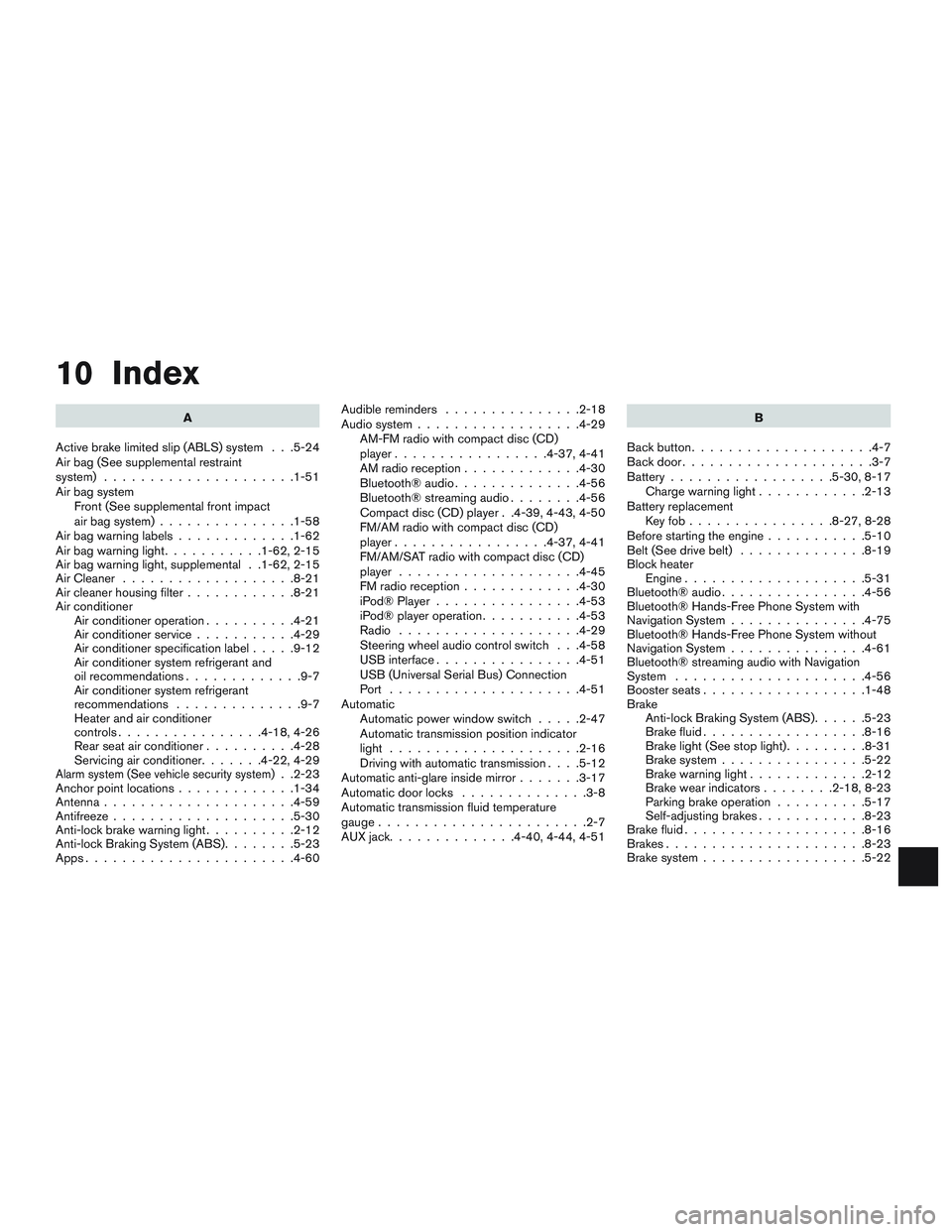 NISSAN NV PASSENGER VAN 2016 Owners Manual 10 Index
A
Active brake limited slip (ABLS) system . . .5-24
Air bag (See supplemental restraint
system) .....................1-51
Air bag system Front (See supplemental front impact
air bag system) . NISSAN NV PASSENGER VAN 2016 Owners Manual 10 Index
A
Active brake limited slip (ABLS) system . . .5-24
Air bag (See supplemental restraint
system) .....................1-51
Air bag system Front (See supplemental front impact
air bag system) .