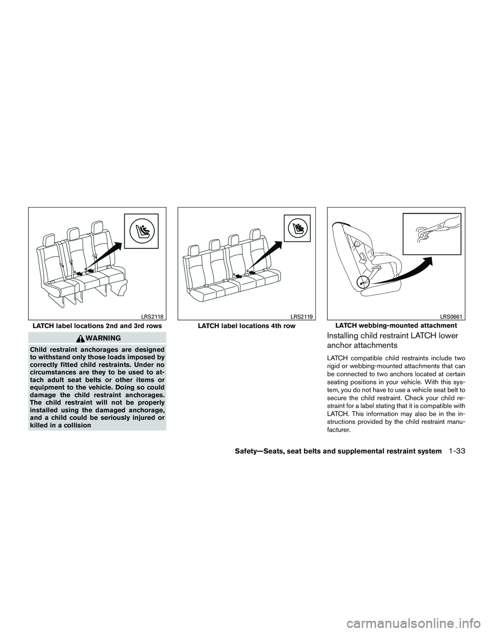 NISSAN NV PASSENGER VAN 2016  Owners Manual WARNING
Child restraint anchorages are designed
to withstand only those loads imposed by
correctly fitted child restraints. Under no
circumstances are they to be used to at-
tach adult seat belts or o