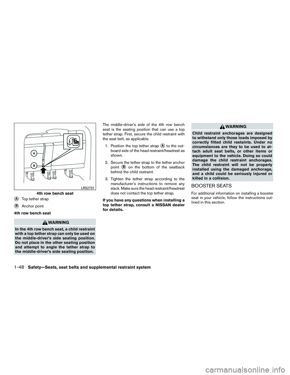 NISSAN NV PASSENGER VAN 2016  Owners Manual ATop tether strap
BAnchor point
4th row bench seat
WARNING
In the 4th row bench seat, a child restraint
with a top tether strap can only be used on
the middle-driver’s side seating position.
Do no