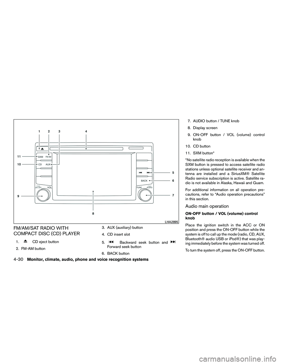 NISSAN NV200 2016 Owners Manual FM/AM/SAT RADIO WITH
COMPACT DISC (CD) PLAYER
1.CD eject button
2. FM-AM button 3. AUX (auxiliary) button
4. CD insert slot
5.Backward seek button andForward seek button
6. BACK button 7. AUDIO button NISSAN NV200 2016 Owners Manual FM/AM/SAT RADIO WITH
COMPACT DISC (CD) PLAYER
1.CD eject button
2. FM-AM button 3. AUX (auxiliary) button
4. CD insert slot
5.Backward seek button andForward seek button
6. BACK button 7. AUDIO button