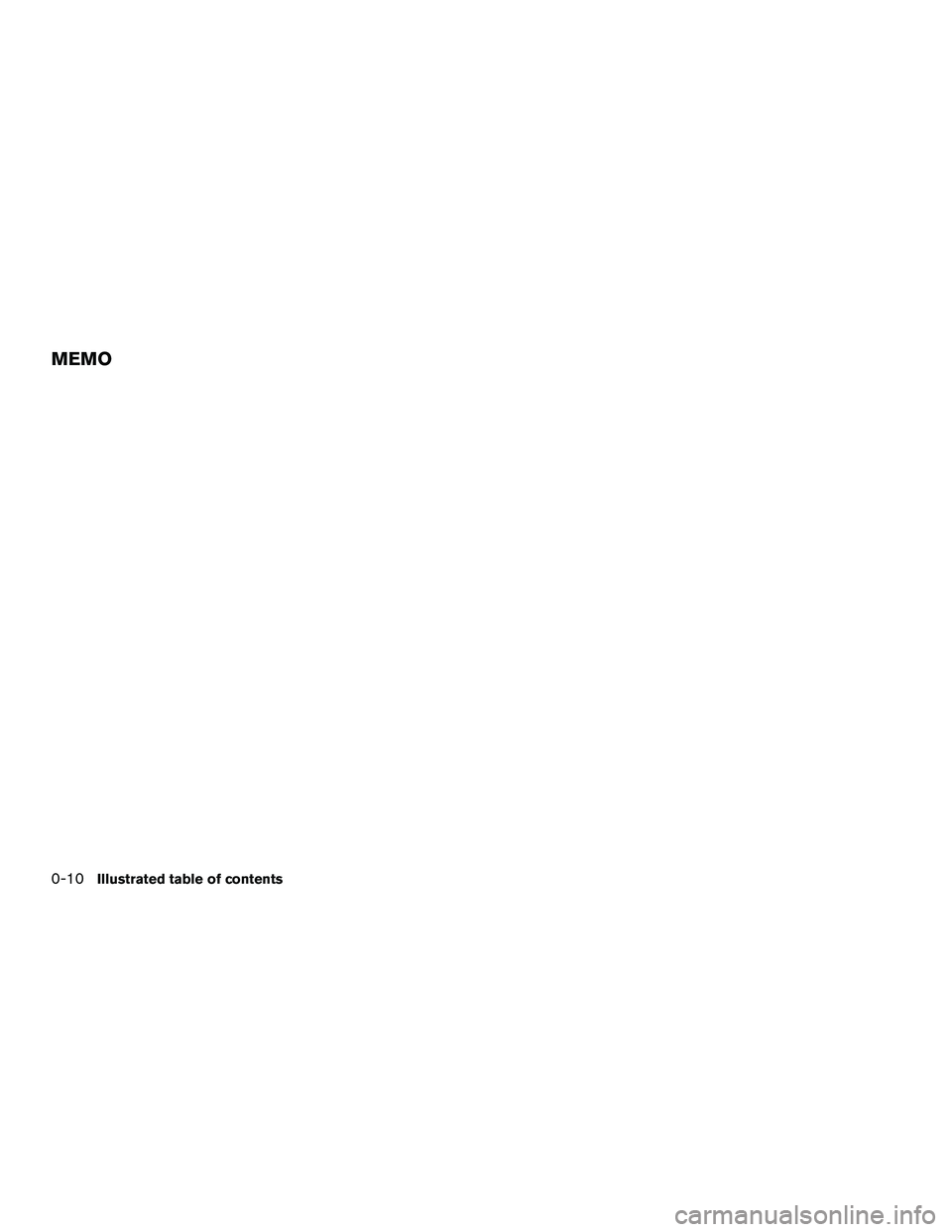 NISSAN NV200 2016  Owners Manual MEMO
0-10Illustrated table of contents 