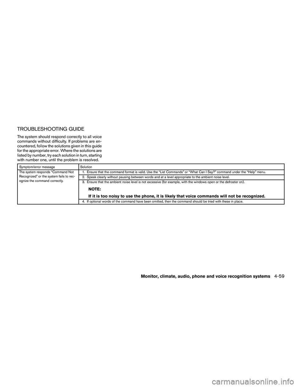 NISSAN NV200 2016  Owners Manual TROUBLESHOOTING GUIDE
The system should respond correctly to all voice
commands without difficulty. If problems are en-
countered, follow the solutions given in this guide
for the appropriate error. W