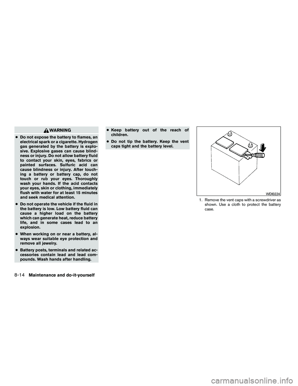 NISSAN NV200 2016  Owners Manual WARNING
●Do not expose the battery to flames, an
electrical spark or a cigarette. Hydrogen
gas generated by the battery is explo-
sive. Explosive gases can cause blind-
ness or injury. Do not allow 
